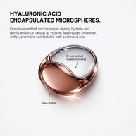 Lip balm with hyaluronic acid encapsulated microspheres on a white background